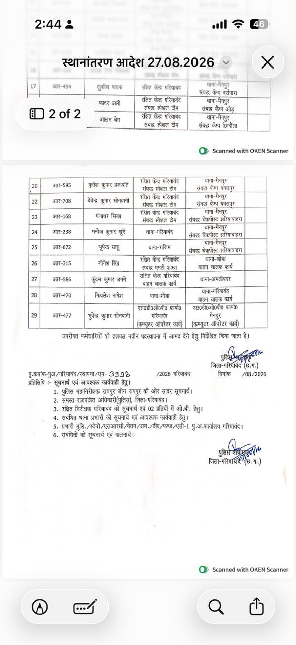 पुलिस विभाग में बड़ा बदलाव! गरियाबंद के 29 पुलिसकर्मियों का ट्रांसफर, नई जगह संभालेंगे मोर्चा, देखे पूरी लिस्ट 2 WhatsApp Image 2026 08 27 at 16.10.01