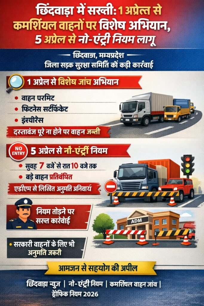 छिंदवाड़ा:1अप्रैल से जिला प्रशासन का विशेष अभियान कमर्शियल वाहनों की होगी जांच, नो-एंट्री का समय बदला WhatsApp Image 2026 03 31 at 8.21.02 PM