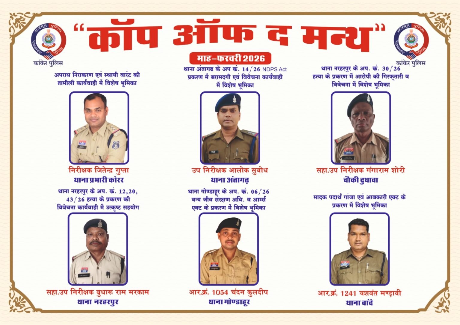 कांकेर पुलिस ने ‘Cop of the Month’ से बढ़ाया जवानों का मान, SP ने किया सम्मानित WhatsApp Image 2026 04 09 at 18.03.16