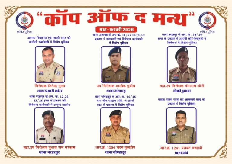 कांकेर पुलिस ने ‘Cop of the Month’ से बढ़ाया जवानों का मान, SP ने किया सम्मानित WhatsApp Image 2026 04 09 at 18.03.16