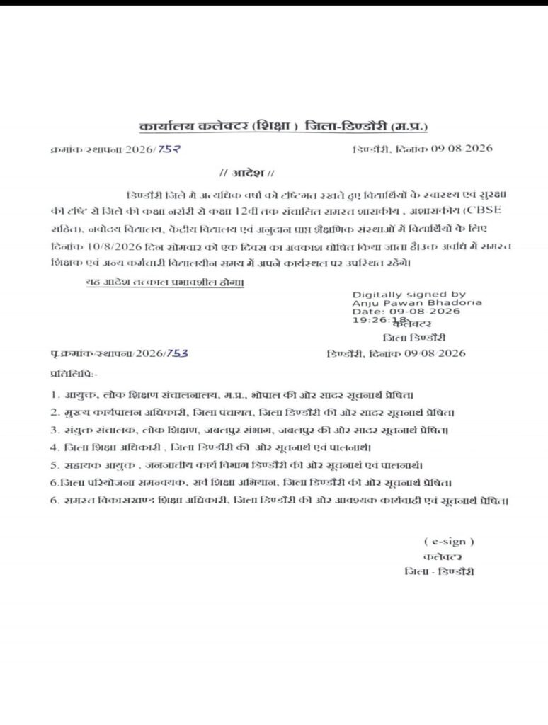 बारिश का अलर्ट: डिंडौरी में कल स्कूल बंद, कक्षा 1 से 12वीं तक विद्यार्थियों को अवकाश 1 57ced740 dd03 4675 af39 3ba1f9db38da