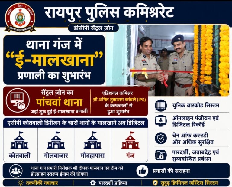 रायपुर पुलिस कमिश्नरेट का बड़ा कदम: थाना गंज में “ई-मालखाना” प्रणाली का शुभारंभ, कोतवाली डिवीजन पूरी तरह हुआ डिजिटल WhatsApp Image 2026 08 07 at 20.19.08
