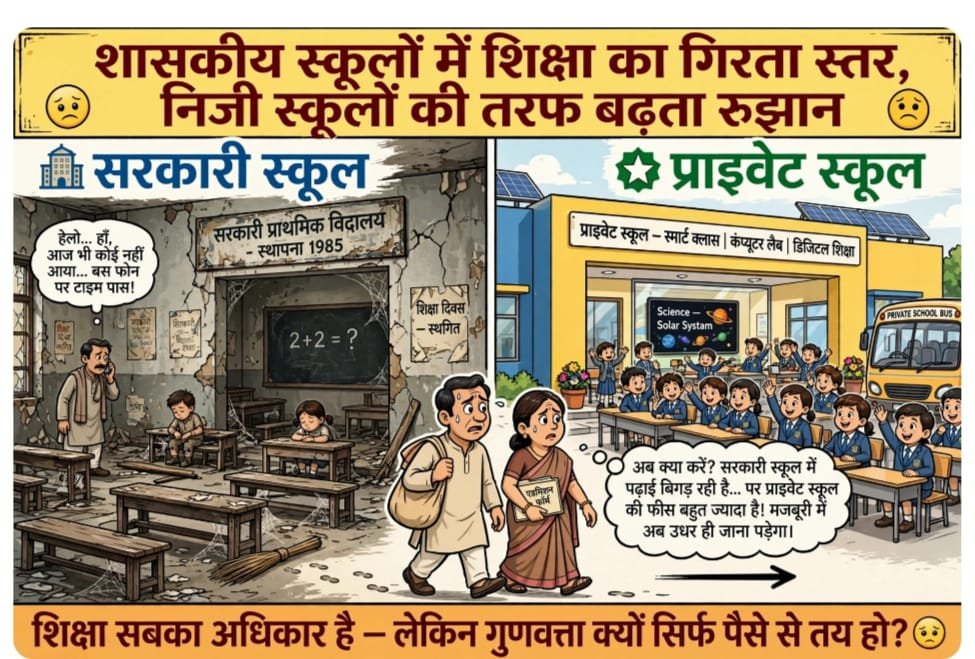 शासकीय स्कूलों में शिक्षा का गिरता स्तर, निजी स्कूलों की ओर बढ़ता रुझान सरकारी स्कूलों की व्यवस्थाओं पर उठ रहे सवाल, अभिभावकों का निजी स्कूलों की ओर बढ़ रहा रुझान WhatsApp Image 2026 08 27 at 09.37.33