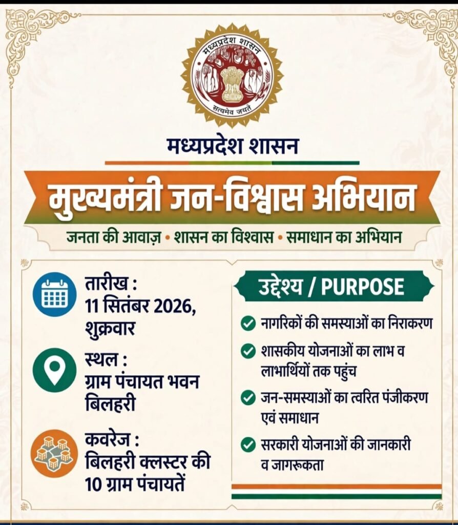 मुख्यमंत्री जन-विश्वास अभियान का अगला शिविर अब 11 सितंबर को ग्राम पंचायत भवन बिलहरी में होगा WhatsApp Image 2026 09 02 at 13.51.39