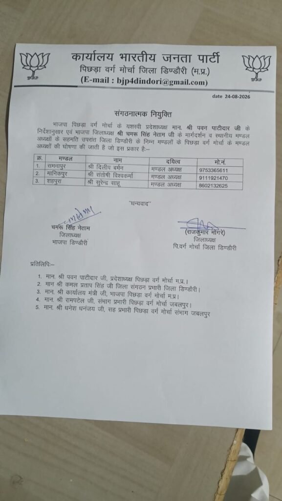 भाजपा पिछड़ा वर्ग मोर्चा में संगठनात्मक नियुक्तियां, संतोषी को मानिकपुर और सुरेंद्र को शहपुरा की कमान 1 d3ec42b5 0ef4 425a 8286 e050e2966fee 1