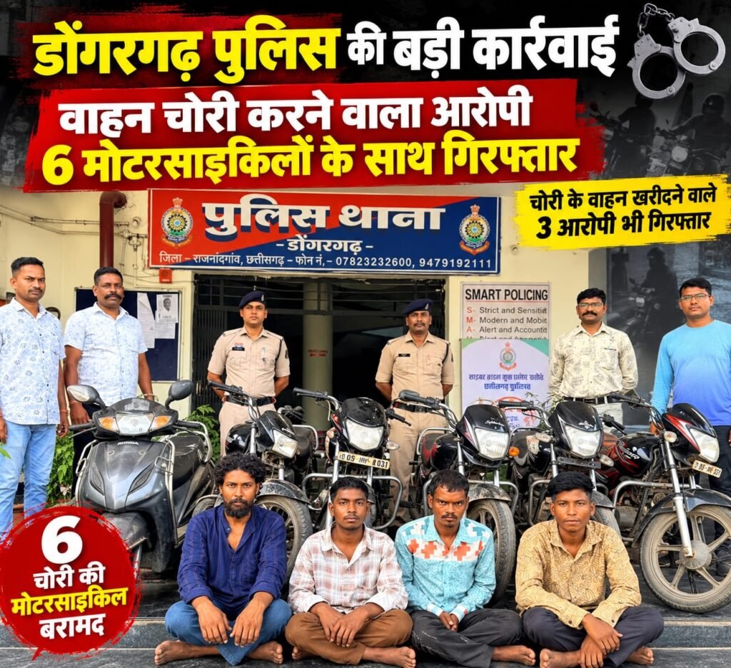 डोंगरगढ़ पुलिस की बड़ी कार्रवाई: वाहन चोरी करने वाला आरोपी 6 मोटरसाइकिलों के साथ गिरफ्तार WhatsApp Image 2026 10 03 at 21.18.17