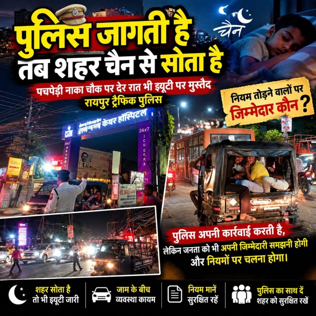 पचपेड़ी नाका चौक पर देर रात भी मुस्तैद रायपुर ट्रैफिक पुलिस, जाम और नियम तोड़ने वालों के बीच संभालती रही यातायात व्यवस्था WhatsApp Image 2026 10 05 at 20.04.11