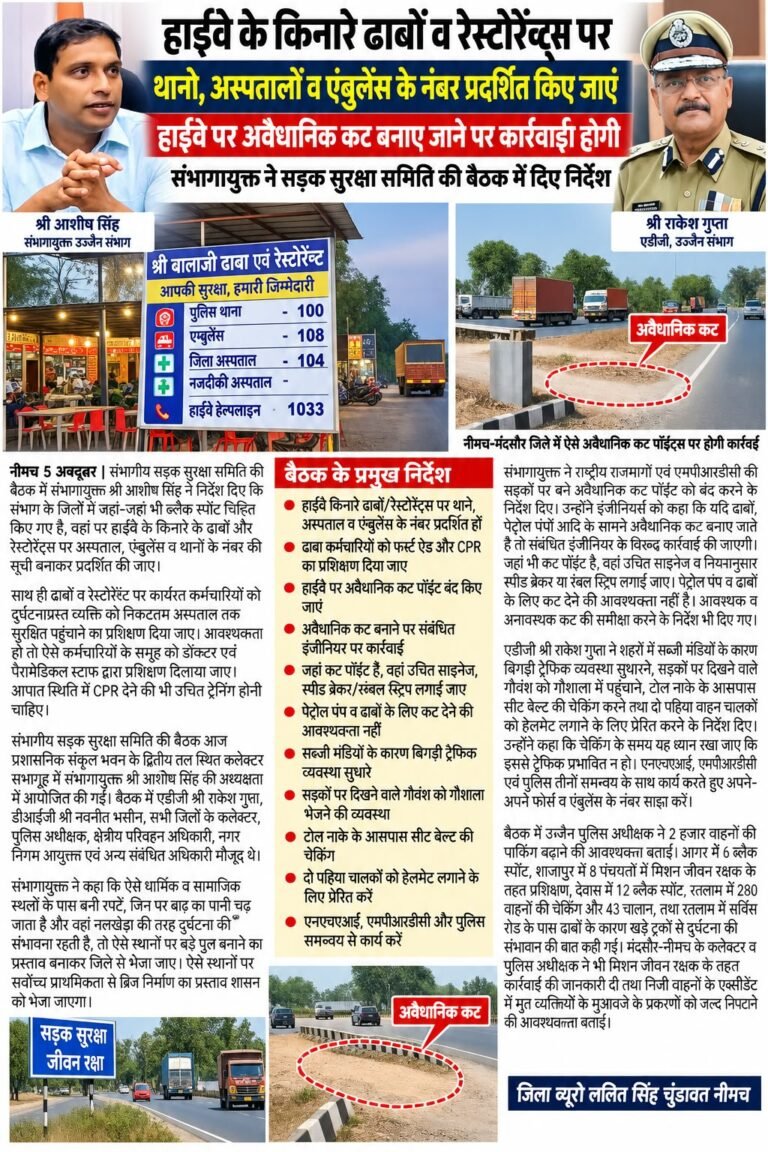 हाईवे के किनारे ढाबों व रेस्टोरेंन्ट्स पर थानों, अस्पतालों व एंबुलेंस के नंबर प्रदर्शित किए जाएं । WhatsApp Image 2026 10 06 at 11.39.44