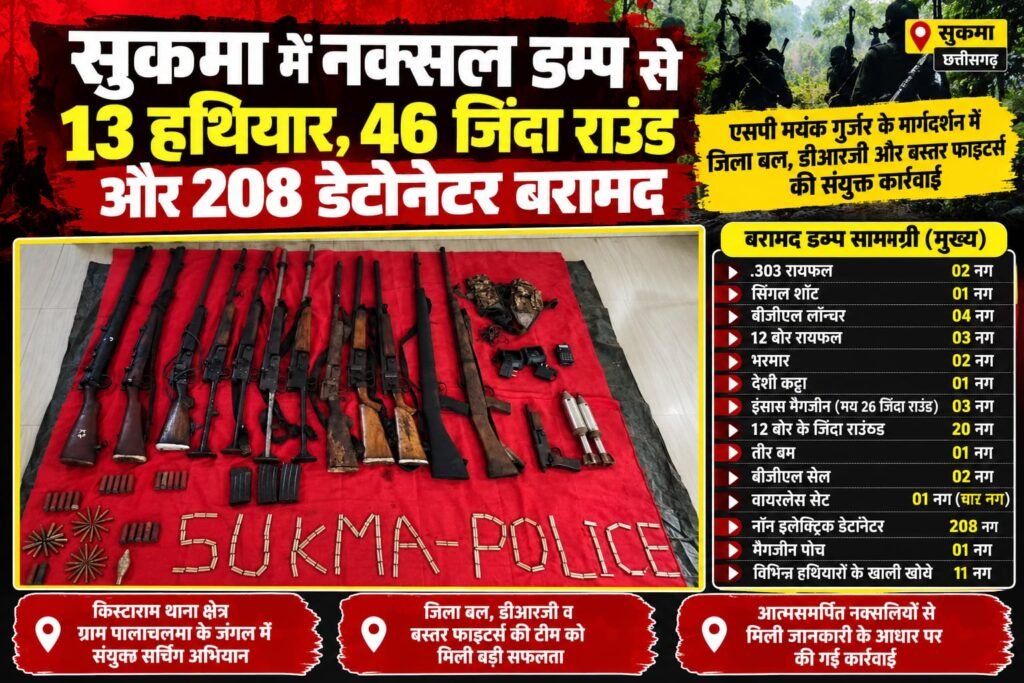 सुकमा में नक्सल डम्प से 13 हथियार, 46 जिंदा राउंड और 208 डेटोनेटर बरामद। WhatsApp Image 2026 10 13 at 17.02.16
