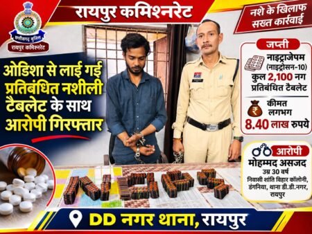 रायपुर में नशे की बड़ी खेप खपाने की कोशिश नाकाम, 8.40 लाख की प्रतिबंधित नशीली टैबलेट के साथ आरोपी गिरफ्तार। WhatsApp Image 2026 10 23 at 13.52.24
